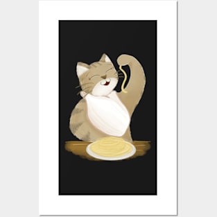 Cute cat eating spaghetti Posters and Art